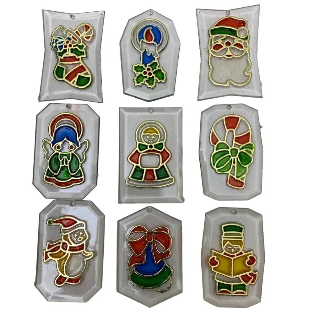 Vintage Christmas Ornaments Set of 9 Clear Plastic Retro Suncatchers